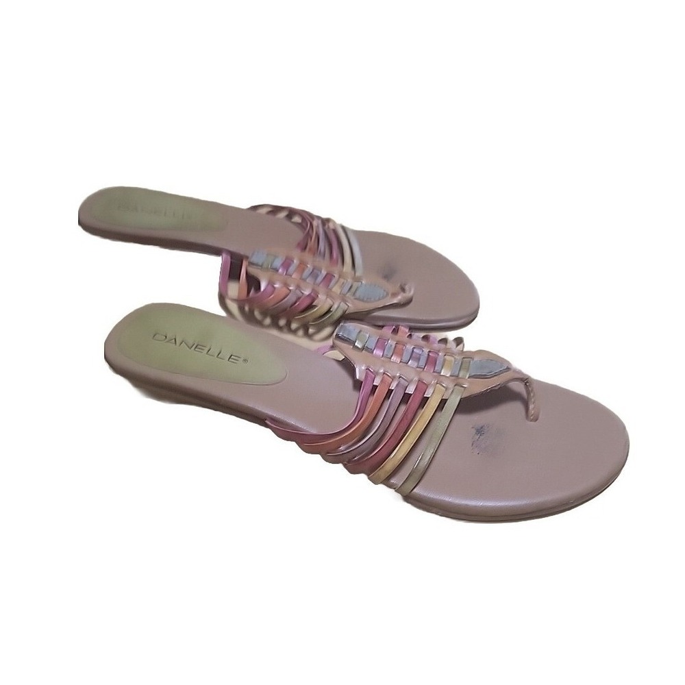 Danelli Womens Multi Strap‎ Metallic Thong Sandals Low Wedge Slides Brazil